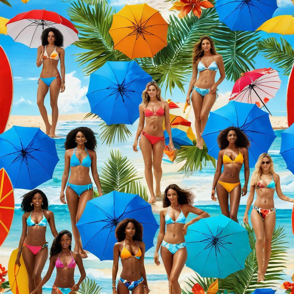 A lively beach scene featuring diverse models showcasing the latest swimwear trends for 2024, with vibrant colors and dynamic poses. Include stylish beach umbrellas, surfboards, and tropical plants in the background to enhance the summer vibe. The overall atmosphere should be fun and energetic, capturing the essence of beach fashion. super-realistic. vibrant colors. bright blue sky.
