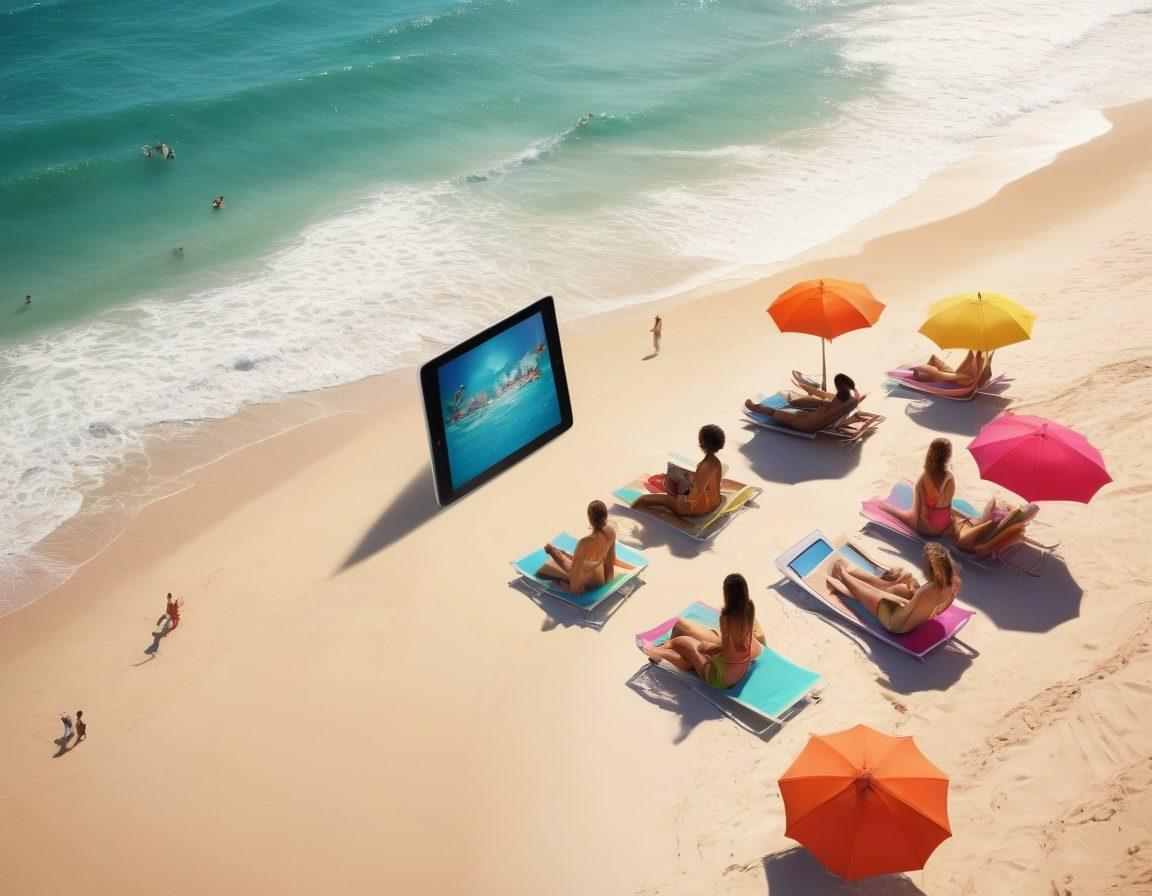 A stylish beach scene with fashionable individuals wearing trendy swimwear, showcasing a blend of digital gadgets like smartphones and tablets. The background displays vibrant beach umbrellas and picturesque waves, while a subtle overlay of social media icons hints at online connectivity. The scene should convey a fusion of modern technology and beach culture. vibrant colors. super-realistic.